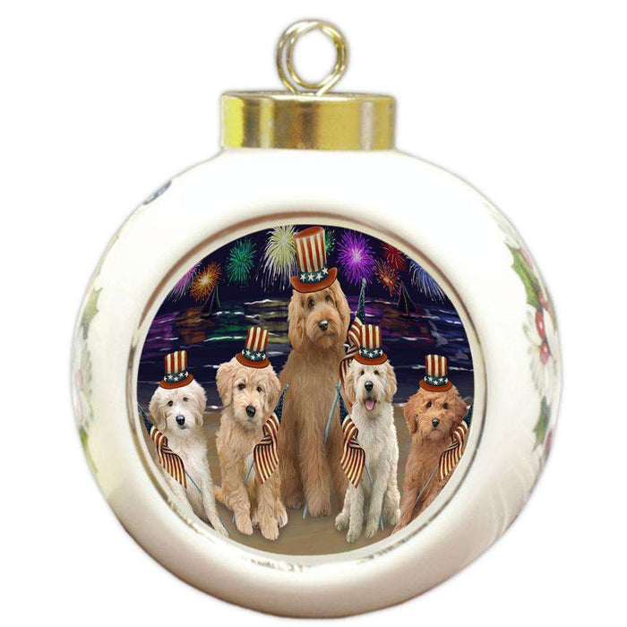 4th of July Independence Day Firework Goldendoodles Dog Round Ball Christmas Ornament RBPOR52040