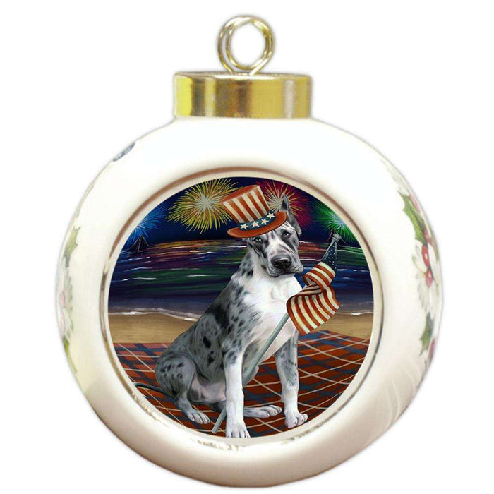 4th of July Independence Day Firework Great Dane Dog Round Ball Christmas Ornament RBPOR48912