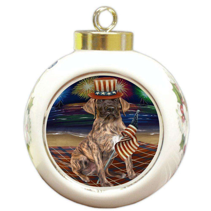 4th of July Independence Day Firework Great Dane Dog Round Ball Christmas Ornament RBPOR48914