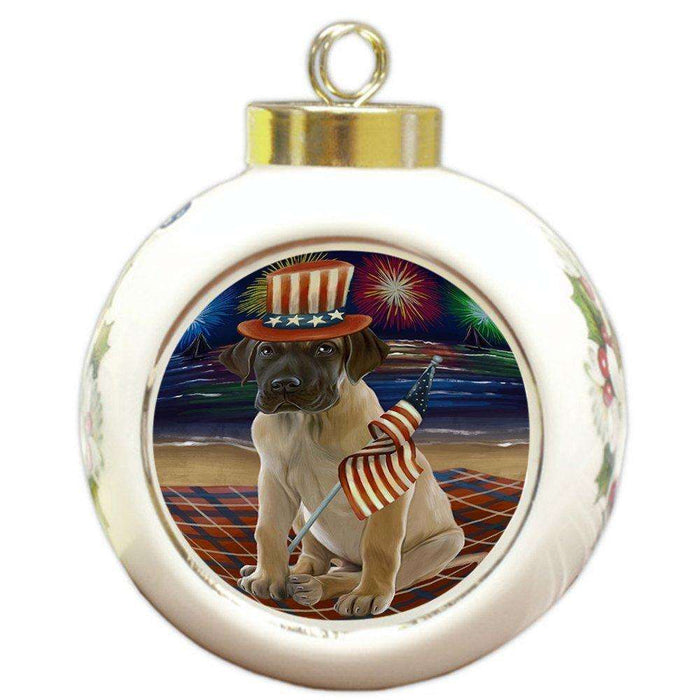 4th of July Independence Day Firework Great Dane Dog Round Ball Christmas Ornament RBPOR48916
