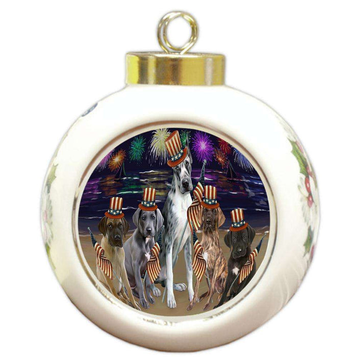 4th of July Independence Day Firework Great Danes Dog Round Ball Christmas Ornament RBPOR48913