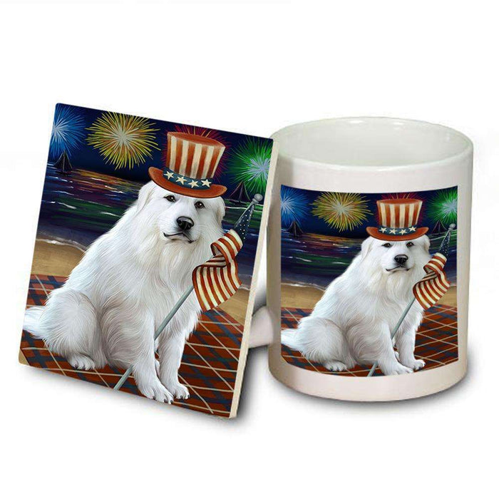 4th of July Independence Day Firework Great Pyrenee Dog Mug and Coaster Set MUC52036