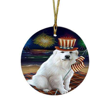 4th of July Independence Day Firework Great Pyrenee Dog Round Flat Christmas Ornament RFPOR52035