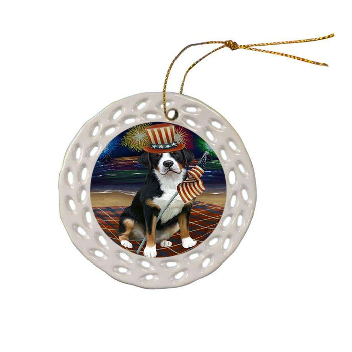 4th of July Independence Day Firework Greater Swiss Mountain Dog Ceramic Doily Ornament DPOR52047