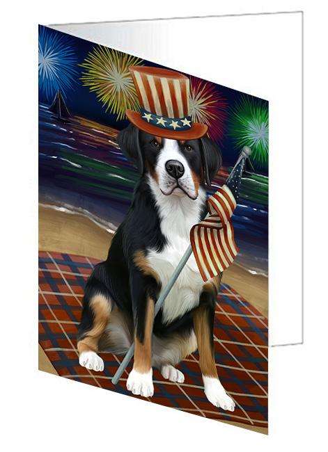 4th of July Independence Day Firework Greater Swiss Mountain Dog Handmade Artwork Assorted Pets Greeting Cards and Note Cards with Envelopes for All Occasions and Holiday Seasons GCD61340