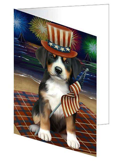 4th of July Independence Day Firework Greater Swiss Mountain Dog Handmade Artwork Assorted Pets Greeting Cards and Note Cards with Envelopes for All Occasions and Holiday Seasons GCD61346