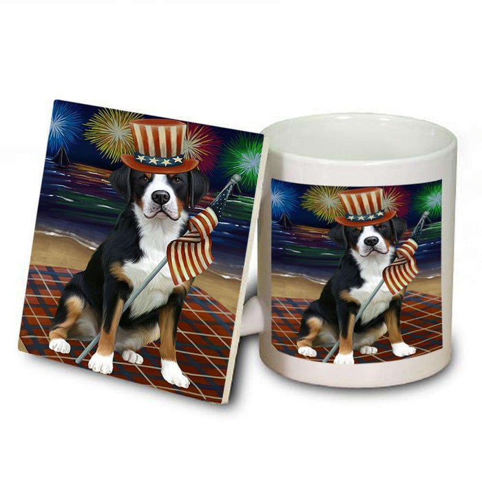 4th of July Independence Day Firework Greater Swiss Mountain Dog Mug and Coaster Set MUC52039