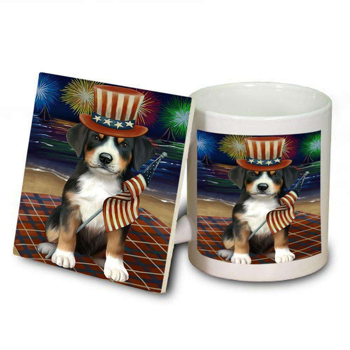 4th of July Independence Day Firework Greater Swiss Mountain Dog Mug and Coaster Set MUC52041