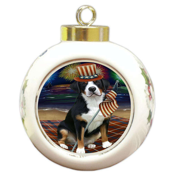 4th of July Independence Day Firework Greater Swiss Mountain Dog Round Ball Christmas Ornament RBPOR52047