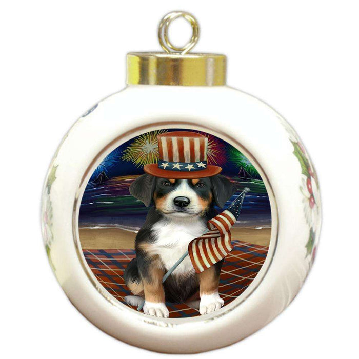 4th of July Independence Day Firework Greater Swiss Mountain Dog Round Ball Christmas Ornament RBPOR52049