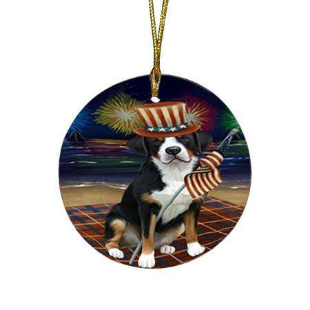4th of July Independence Day Firework Greater Swiss Mountain Dog Round Flat Christmas Ornament RFPOR52038