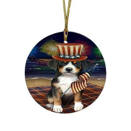 4th of July Independence Day Firework Greater Swiss Mountain Dog Round Flat Christmas Ornament RFPOR52040