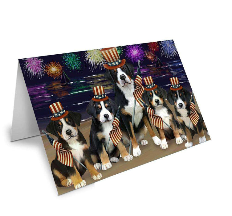 4th of July Independence Day Firework Greater Swiss Mountain Dogs Handmade Artwork Assorted Pets Greeting Cards and Note Cards with Envelopes for All Occasions and Holiday Seasons GCD61343