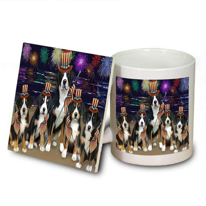 4th of July Independence Day Firework Greater Swiss Mountain Dogs Mug and Coaster Set MUC52040