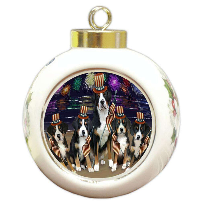 4th of July Independence Day Firework Greater Swiss Mountain Dogs Round Ball Christmas Ornament RBPOR52048