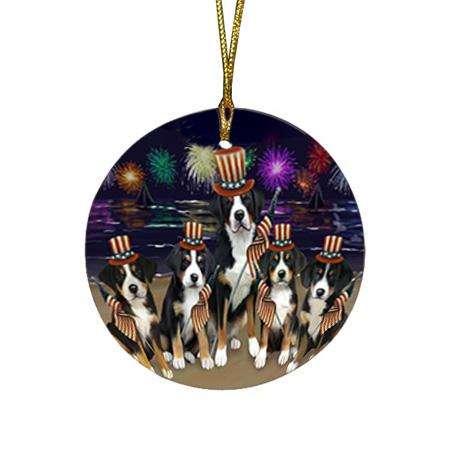 4th of July Independence Day Firework Greater Swiss Mountain Dogs Round Flat Christmas Ornament RFPOR52039