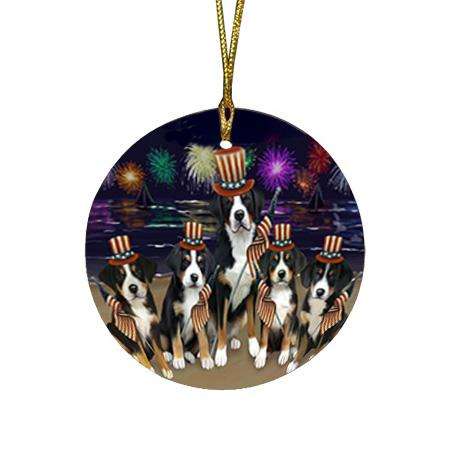 4th of July Independence Day Firework Greater Swiss Mountain Dogs Round Flat Christmas Ornament RFPOR52429
