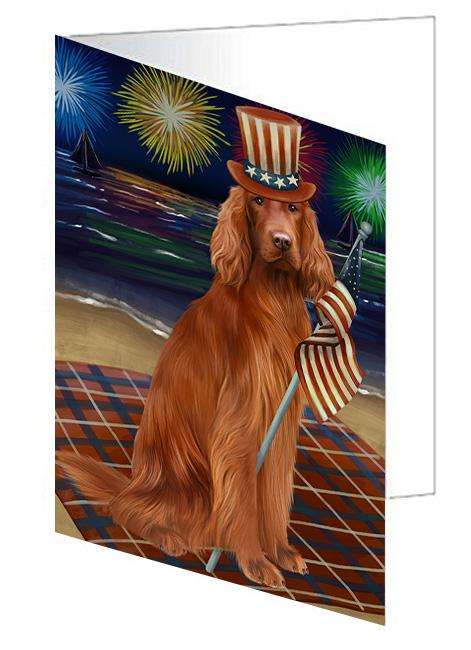 4th of July Independence Day Firework Irish Setter Dog Handmade Artwork Assorted Pets Greeting Cards and Note Cards with Envelopes for All Occasions and Holiday Seasons GCD61349
