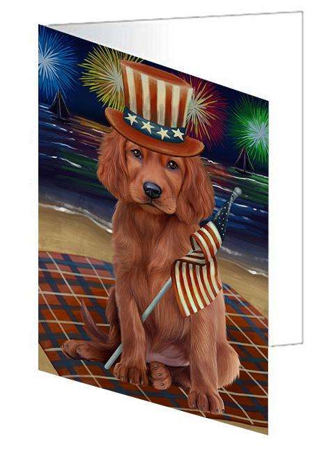 4th of July Independence Day Firework Irish Setter Dog Handmade Artwork Assorted Pets Greeting Cards and Note Cards with Envelopes for All Occasions and Holiday Seasons GCD61355