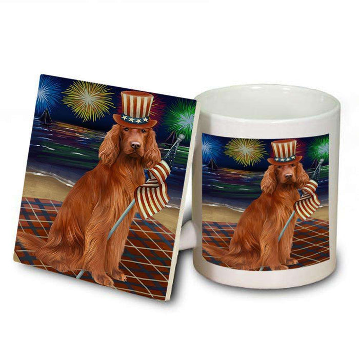 4th of July Independence Day Firework Irish Setter Dog Mug and Coaster Set MUC52042