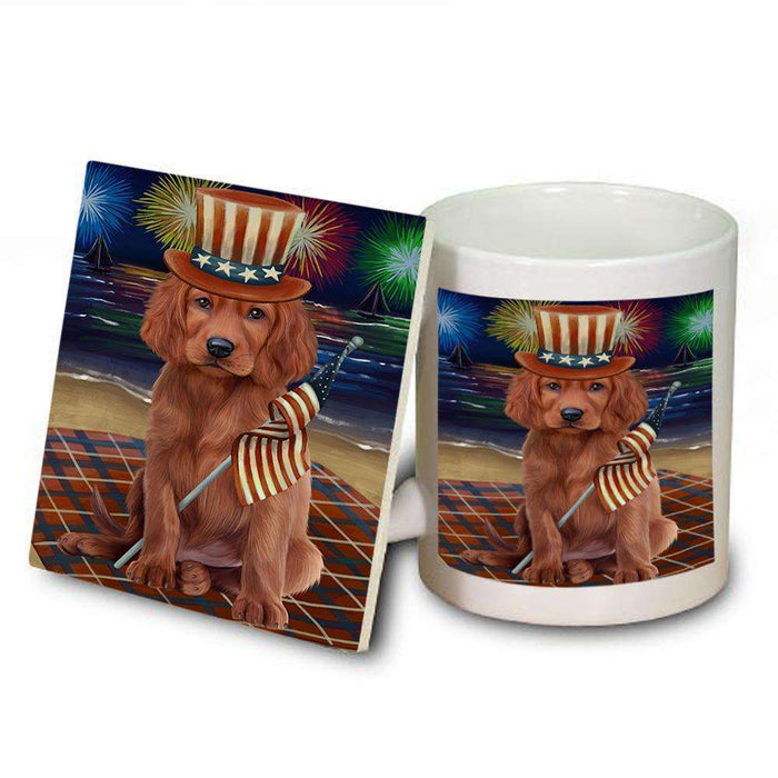 4th of July Independence Day Firework Irish Setter Dog Mug and Coaster Set MUC52044