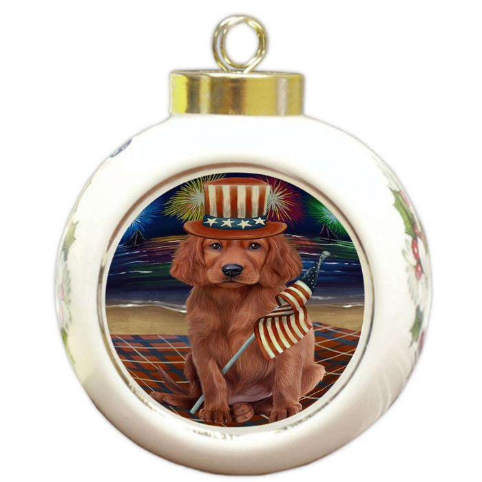 4th of July Independence Day Firework Irish Setter Dog Round Ball Christmas Ornament RBPOR52052