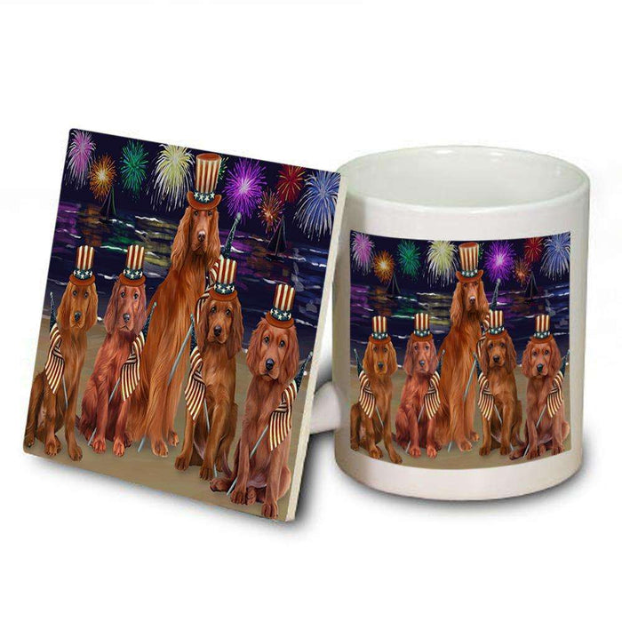 4th of July Independence Day Firework Irish Setters Dog Mug and Coaster Set MUC52043