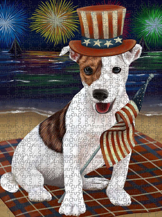 4th of July Independence Day Firework Jack Russell Terrier Dog Puzzle with Photo Tin PUZL50958