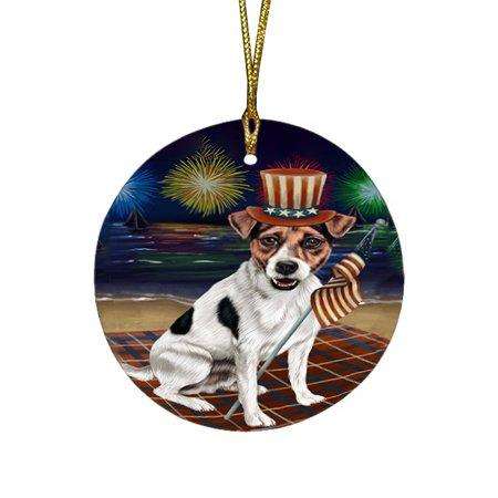 4th of July Independence Day Firework Jack Russell Terrier Dog Round Christmas Ornament RFPOR48914