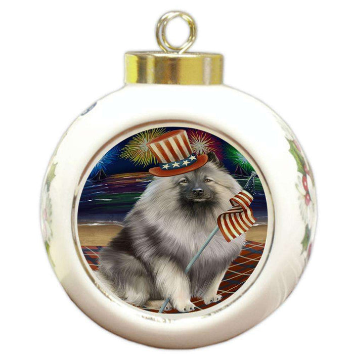 4th of July Independence Day Firework Keeshond Dog Round Ball Christmas Ornament RBPOR52053