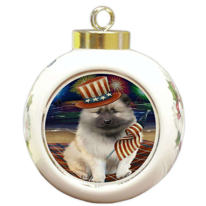 4th of July Independence Day Firework Keeshond Dog Round Ball Christmas Ornament RBPOR52055