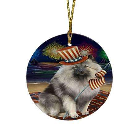 4th of July Independence Day Firework Keeshond Dog Round Flat Christmas Ornament RFPOR52044