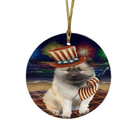 4th of July Independence Day Firework Keeshond Dog Round Flat Christmas Ornament RFPOR52046
