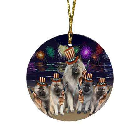 4th of July Independence Day Firework Keeshonds Dog Round Flat Christmas Ornament RFPOR52045