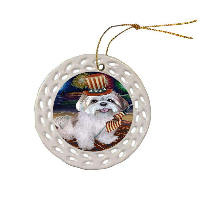 4th of July Independence Day Firework Lhasa Apso Dog Ceramic Doily Ornament DPOR48931