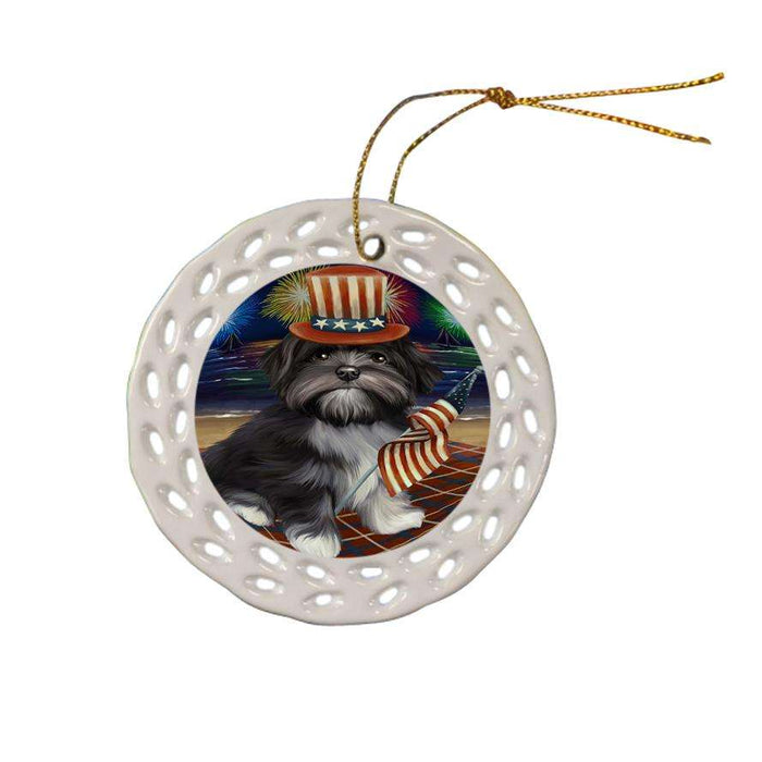 4th of July Independence Day Firework Lhasa Apso Dog Ceramic Doily Ornament DPOR48933