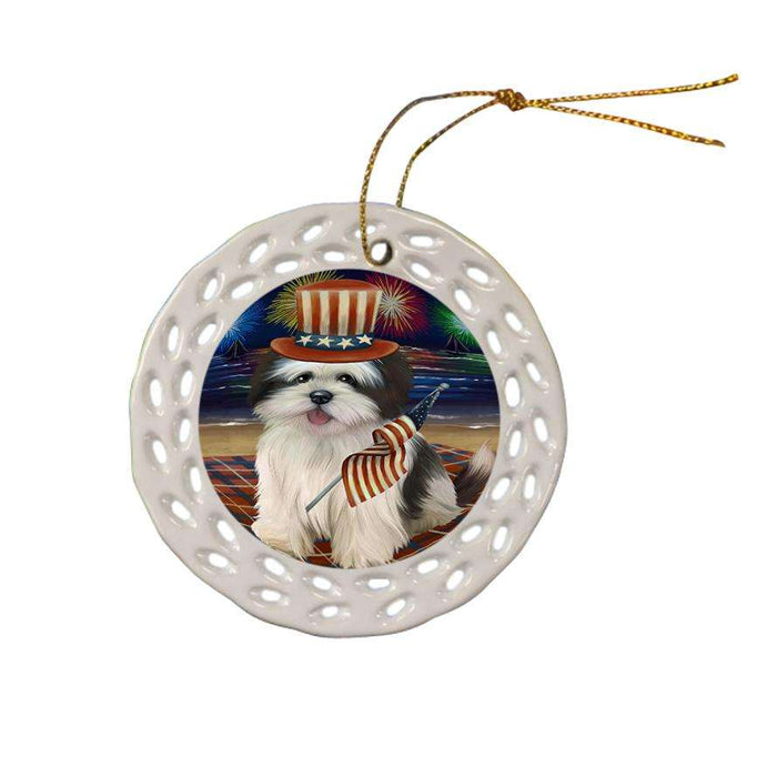 4th of July Independence Day Firework Lhasa Apso Dog Ceramic Doily Ornament DPOR48935
