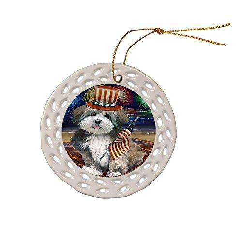 4th of July Independence Day Firework Lhasa Apso Dog Ceramic Doily Ornament DPOR48936