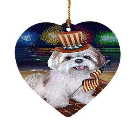 4th of July Independence Day Firework Lhasa Apso Dog Heart Christmas Ornament HPOR48931