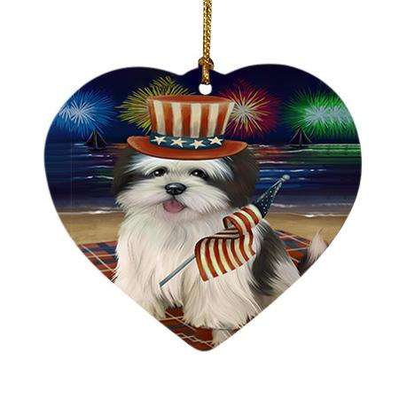 4th of July Independence Day Firework Lhasa Apso Dog Heart Christmas Ornament HPOR48935