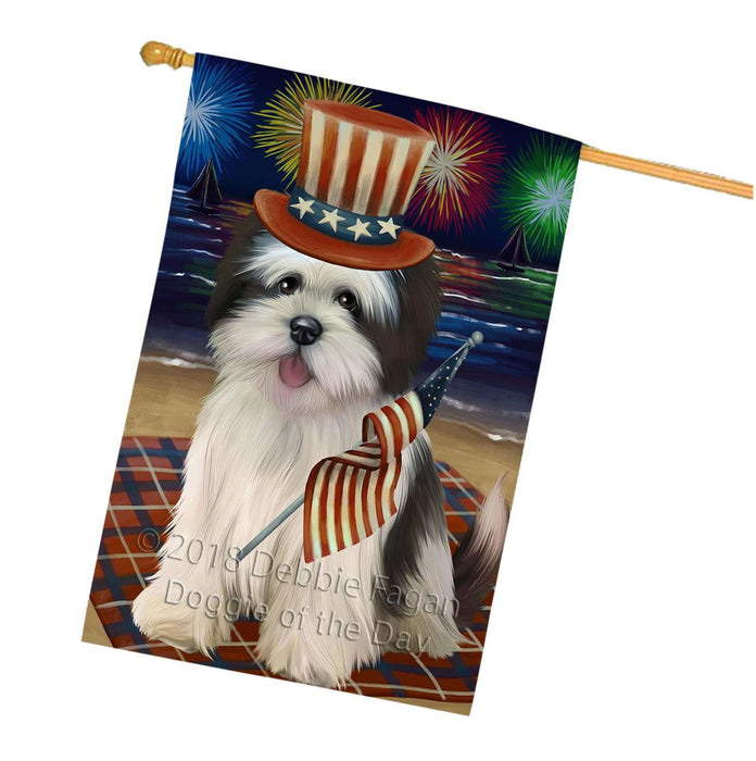 4th of July Independence Day Firework Lhasa Apso Dog House Flag FLG48900