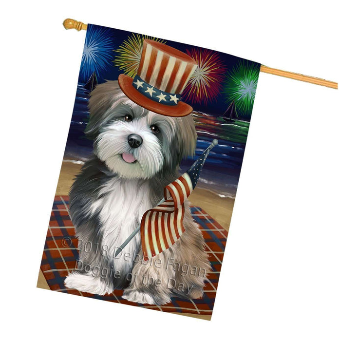 4th of July Independence Day Firework Lhasa Apso Dog House Flag FLG48901