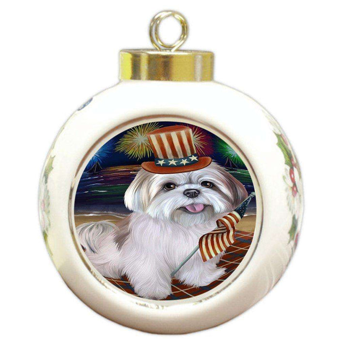 4th of July Independence Day Firework Lhasa Apso Dog Round Ball Christmas Ornament RBPOR48931