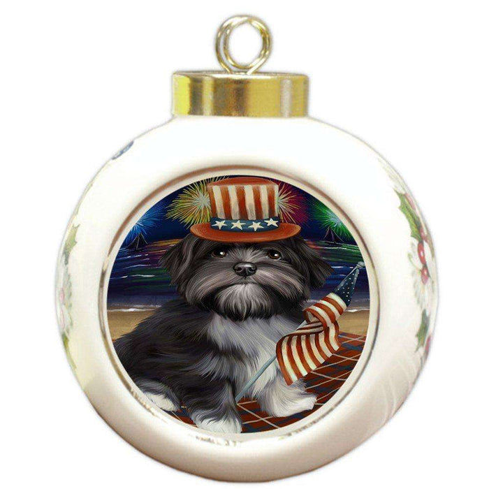 4th of July Independence Day Firework Lhasa Apso Dog Round Ball Christmas Ornament RBPOR48933