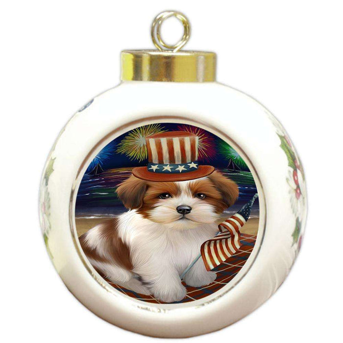 4th of July Independence Day Firework Lhasa Apso Dog Round Ball Christmas Ornament RBPOR48934