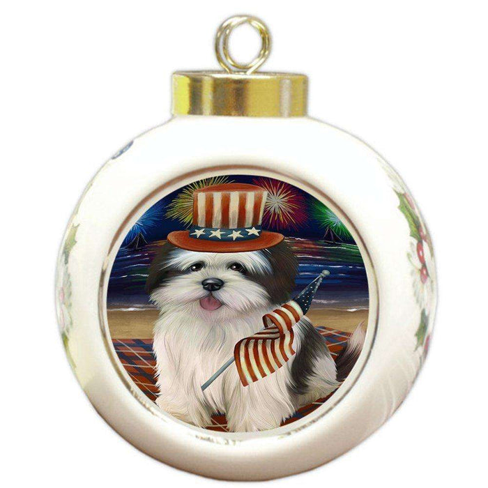 4th of July Independence Day Firework Lhasa Apso Dog Round Ball Christmas Ornament RBPOR48935