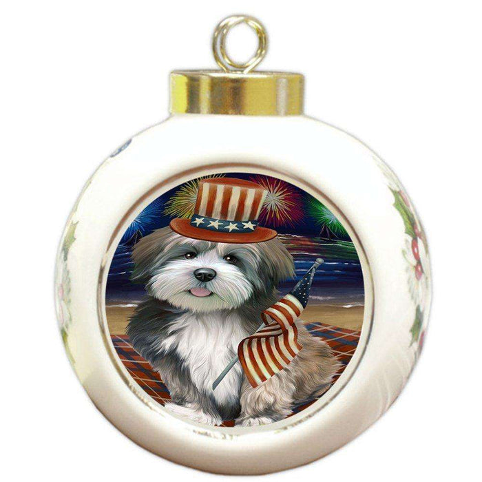 4th of July Independence Day Firework Lhasa Apso Dog Round Ball Christmas Ornament RBPOR48936