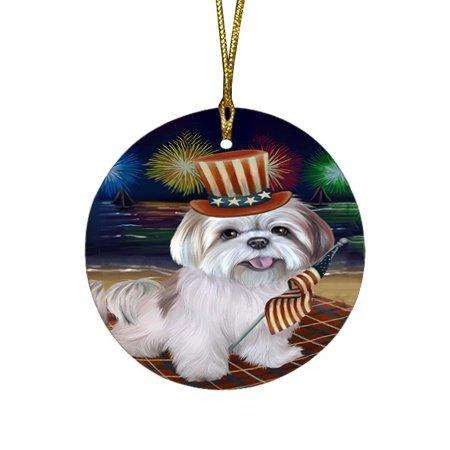 4th of July Independence Day Firework Lhasa Apso Dog Round Christmas Ornament RFPOR48922
