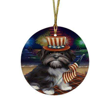 4th of July Independence Day Firework Lhasa Apso Dog Round Christmas Ornament RFPOR48924