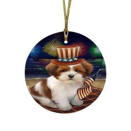 4th of July Independence Day Firework Lhasa Apso Dog Round Christmas Ornament RFPOR48925
